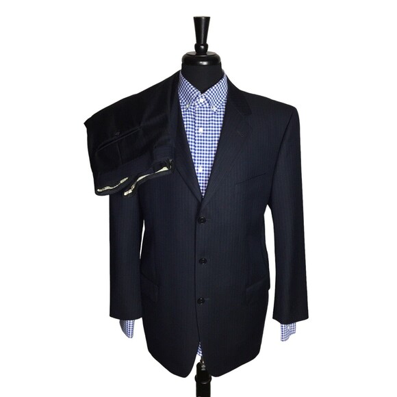 Joseph Abboud Mens 42R Super 120s Wool Blue Striped 2PC Suit Pleat Pants 36x29 - Picture 1 of 16